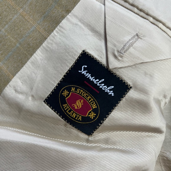 Samuelsohn Tan w/ Blue & Gold Windowpane Plaid Sport Coat 46R - Picture 5 of 6